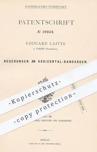 original Patent - Edouard Lafite , Tarbes , Frankreich , 1880 , Horizontal Bandsäge | Säge , Sägen , Holzsäge , Tischler