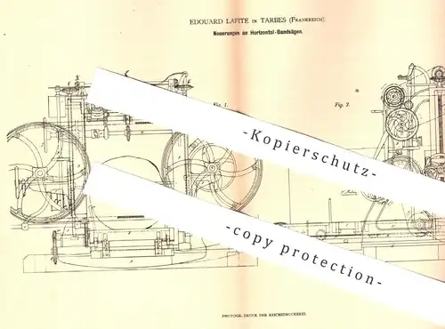 original Patent - Edouard Lafite , Tarbes , Frankreich , 1880 , Horizontal Bandsäge | Säge , Sägen , Holzsäge , Tischler