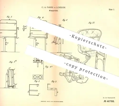 original Patent - G. A. Farini , London , England , 1888 , Klappstuhl , Stuhl , Stühle , Tischler , Hocker , Möbel !!!