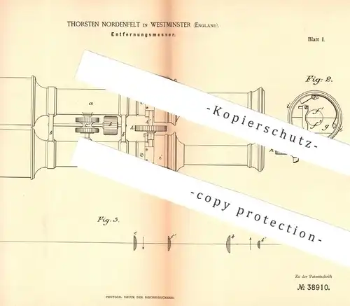 original Patent - Thorsten Nordenfelt , Westminster , England  1886 , Entfernungsmesser | Fernglas , Objektiv , Fernrohr