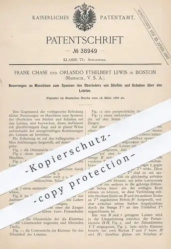 original Patent - Frank Chase , Orlando Ethelbert Lewis , Boston , USA , 1886 , Spannen von Leder am Stiefel , Schuh !!