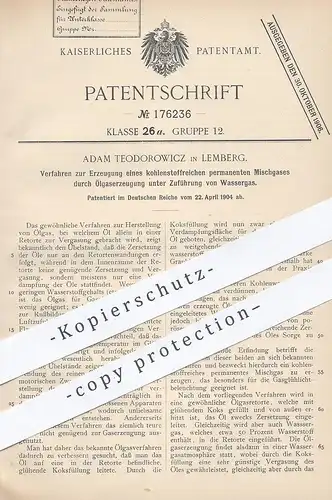 original Patent - Adam Teodorowicz , Lemberg 1904 , Mischgas durch Ölgaserzeugung unter Zuführung von Wassergas | Öl Gas