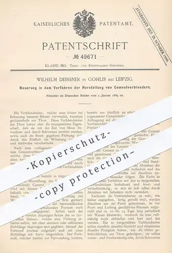 original Patent - Wilhelm Deissner , Gohlis / Leipzig , 1889 , Herstellung der Zementverblender | Zement - Verblendstein