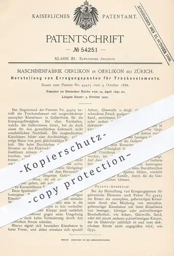 original Patent - Maschinenfabrik Oerlikon / Zürich , 1890 , Erregungspaste für Trockenelemente | Kieselsäure , Asbest !