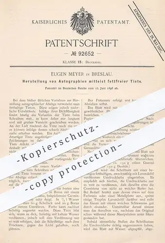 original Patent - Eugen Meyer , Breslau , 1896 , Herst. von Autograhien durch fettfreie Tinte | Autograph , Signatur !!!