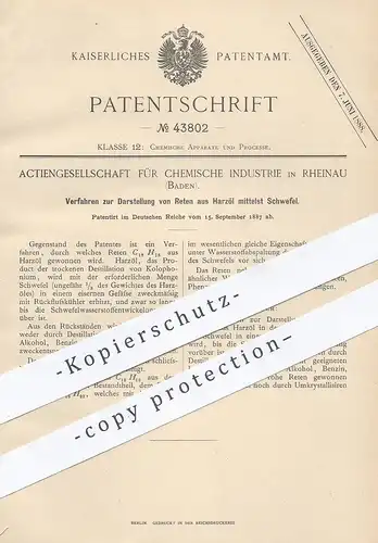original Patent - AG für Chemische Industrie , Rheinau / Baden , 1887 , Reten aus Harzöl mittels Schwefel | Chemie | Öl