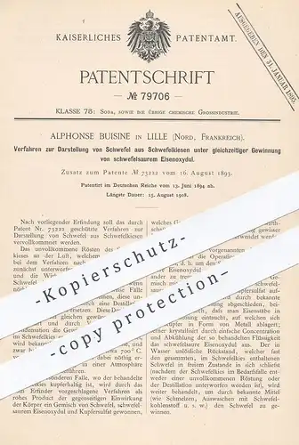 original Patent - Alphonse Buisine , Lille , Nord , Frankreich , 1894 , Darstellung von Schwefel aus Schwefelkiesen !!