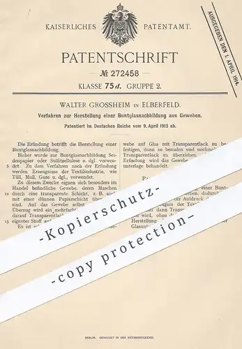 original Patent - Walter Grossheim , Elberfeld , 1913 , Buntglasnachbildung aus Gewebe | Buntglas , Glas , Mosaikglas !