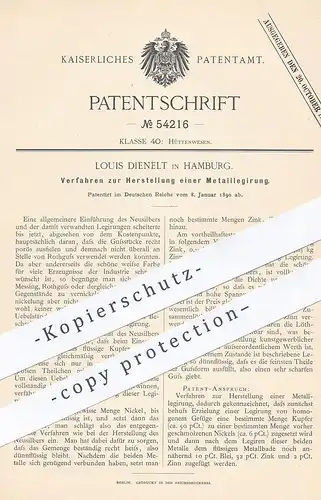 original Patent - Louis Dienelt , Hamburg 1890 , Metalllegierung | Metall - Legierung | Guss , Silber , Messing , Nickel