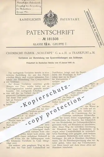 original Patent - Chemische Fabrik Schlempe GmbH , Frankfurt / Main , 1906 , Cyanverbindung aus Schlempe | Cyan , Chemie