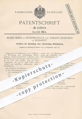 original Patent - Moses Ekker , Erzsébetfalva | Johann Krajcsics , Budapest 1900 , silberne Metall - Legierung | Silber