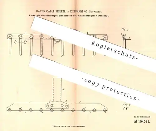 original Patent - David Cable Keiller , Kopparberg , Schweden , 1898 , Harke mit Blechzähnen | Garten , Gärtner , Agrar