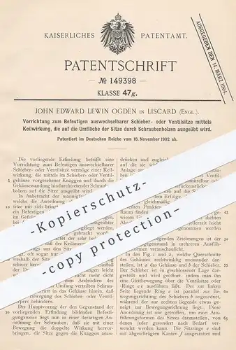 original Patent - John Edward Lewin Ogden , Liscard , England , 1902 , Befestigen wechselbarer Schieber- o. Ventilsitze