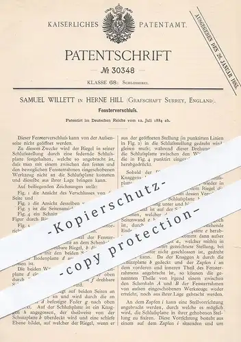 original Patent - Samuel Willett , Herne Hill , Surrey , England , 1884 , Fensterverschluss | Fenster , Fensterbauer !!