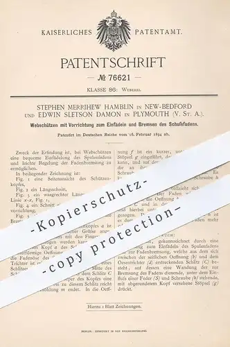 original Patent - Stephen Merrihew Hamblin , New-Bedford , Edwin Sletson Damon , Plymouth USA  1894 , Webschütze | Weber