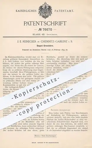 original Patent - J. E. Reinecker , Chemnitz / Gablenz | 1894 , Doppel- Grenzlehre | Messlehre | Durchmesser | Modellbau
