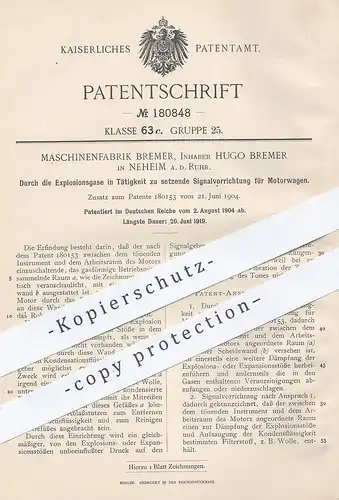 original Patent - Maschinenfabrik Hugo Bremer , Neheim / Ruhr , 1904 , Signalvorrichtung für Motorwagen | Explosionsgas