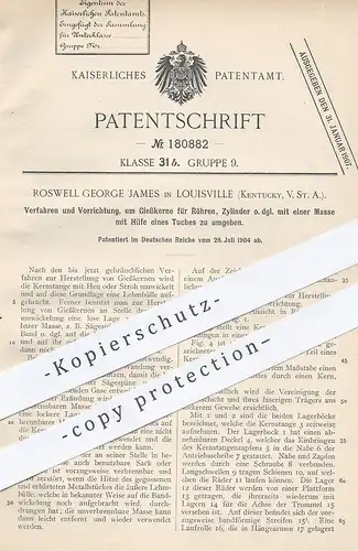 original Patent - Roswell George James , Louisville , Kentucky , USA , 1904 , Gießkern für Röhren , Zylinder | Rohr !
