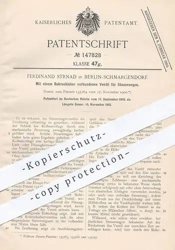 original Patent - Ferdinand Strnad , Berlin / Schmargendorf , 1902 , Mit Rohrschieber verbundenes Ventil für Steuerung
