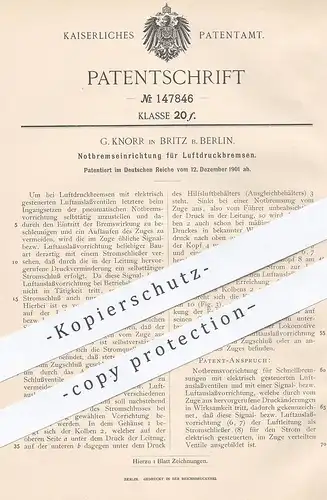 original Patent - G. Knorr , Britz / Berlin , 1901 , Notbremseinrichtung für Luftdruckbremsen | Bremse , Bremsen !!