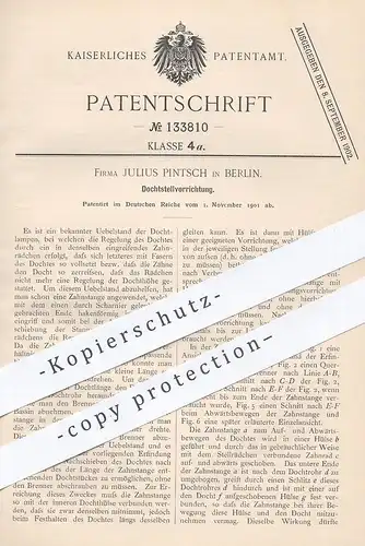 original Patent - Julius Pintsch , Berlin , 1901 , Dochtstellvorrichtung an Brenner | Docht , Gasbrenner , Licht , Lampe
