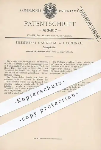 original Patent - Eisenwerke Gaggenau , 1885 ,  Zeitungshalter | Halter für Zeitung , Zeitschrift , Zeitungen !!