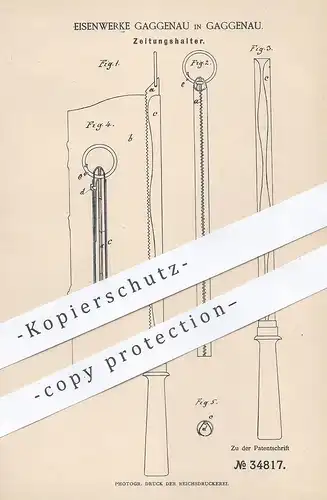 original Patent - Eisenwerke Gaggenau , 1885 ,  Zeitungshalter | Halter für Zeitung , Zeitschrift , Zeitungen !!