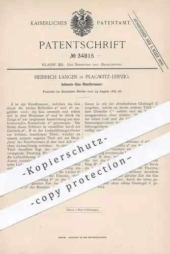 original Patent - Heinrich Langen , Leipzig / Plagwitz , 1885 , Gas - Rundbrenner | Gasbrenner , Brenner , Licht , Lampe