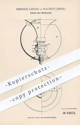original Patent - Heinrich Langen , Leipzig / Plagwitz , 1885 , Gas - Rundbrenner | Gasbrenner , Brenner , Licht , Lampe