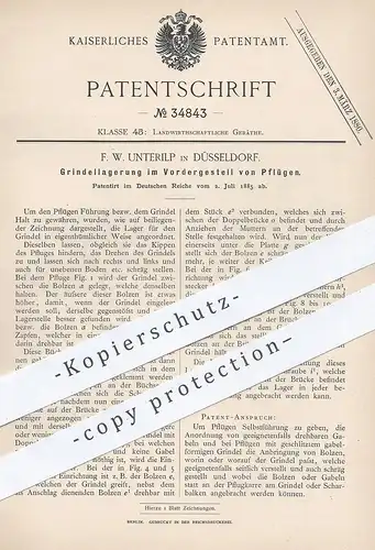original Patent - F. W. Unterilp , Düsseldorf , 1885 , Grindellagerung im Vordergestell am Pflug | Pflügen , Landwirt !!
