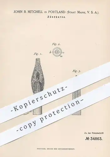 original Patent - John B. Mitchell , Portland , Staat Maine , USA , 1885 , Zündkerze | Streichholz , Kerze , Feuerzeug