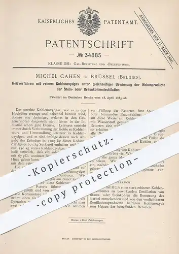 original Patent - Michel Cahen , Brüssel , Belgien , 1885 , Heizverfahren mit reinem Kohlenoxydgas | Hochofen , Kohle