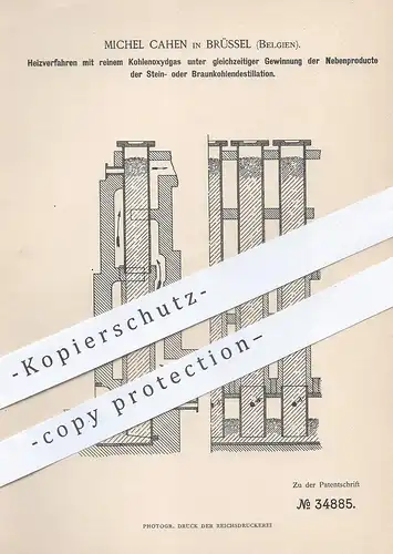 original Patent - Michel Cahen , Brüssel , Belgien , 1885 , Heizverfahren mit reinem Kohlenoxydgas | Hochofen , Kohle