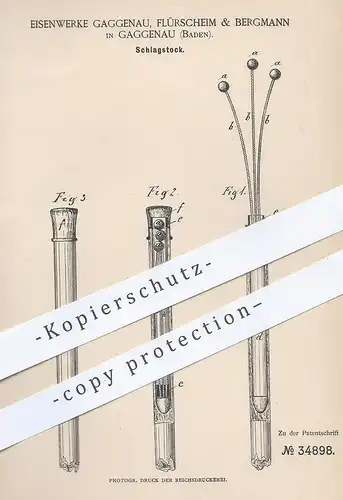 original Patent - Eisenwerke Gaggenau , Flürscheim & Bergmann , 1885 , Schlagstock , Spazierstock | Stock , Schutzwaffe