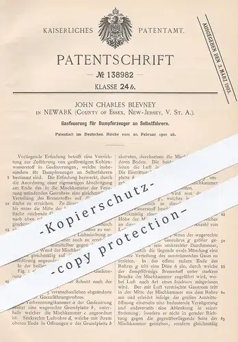 original Patent - John Charles Blevney , Newark , Essex , New Jersey USA 1900 , Gasfeuerung für Dampferzeuger | Gasmotor