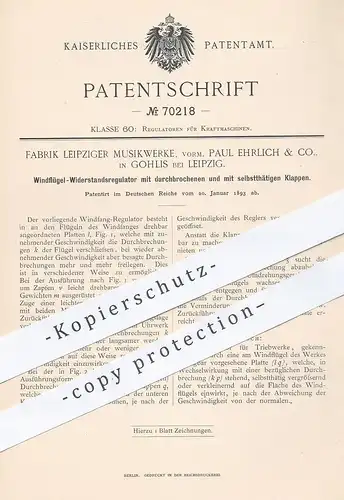 original Patent - Leipziger Musikwerke | Paul Ehrlich & Co. Leipzig / Gohlis , 1893 , Windflügel - Widerstandsregulator