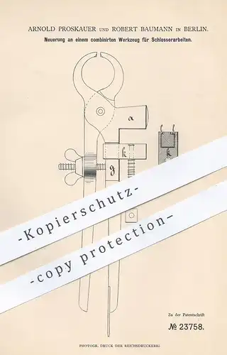 original Patent - Arnold Proskauer , Robert Baumann , Berlin , 1883 , Werkzeug für Schlosser | Schraubenschlüssel !!!