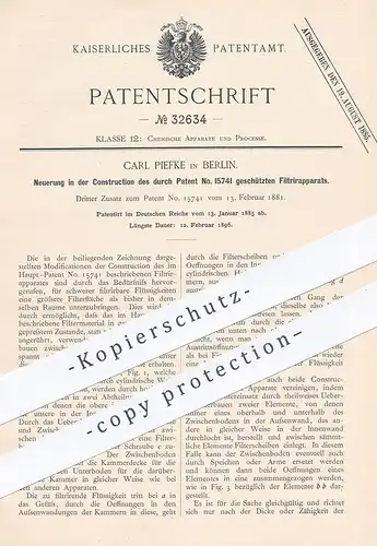 original Patent - Carl Piefke , Berlin , 1885 , Konstruktion von Filtrierapparat | Filter , Filterung , Filtern , Chemie