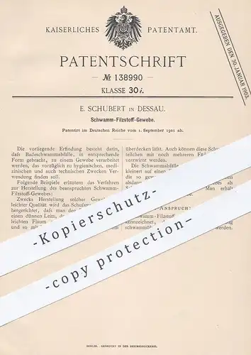 original Patent - E. Schubert , Dessau , 1901 , Schwamm - Filzstoff - Gewebe | Filz , Stoff , Lappen , Garn , Faden !!