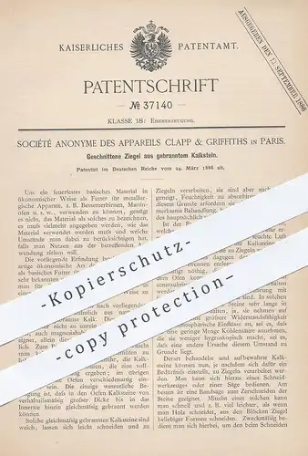 original Patent - Société Anonyme des Appareils Clapp & Griffiths , Paris , 1886 , Ziegel aus gebranntem Kalkstein !!