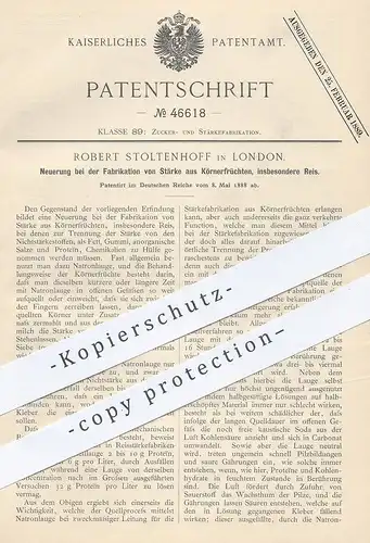 original Patent - Robert Stoltenhoff , London , England , 1888 , Stärke aus Körnerfrucht , Reis , Getreide | Zucker !!!