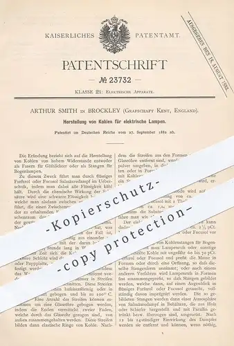 original Patent - Arthur Smith , Brockley , Kent , England , 1882 , Kohle für elektrische Lampe | Glühlampe , Licht !!!