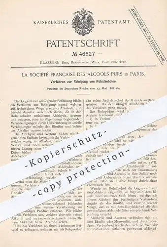 original Patent - La Société Française des Alcools Purs , Paris , Frankreich , 1888 ,Reinigung von Rohalkohol | Alkohol