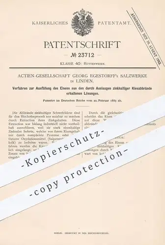 original Patent - Georg Egestorff Salzwerke AG , Linden , 1883 , Ausfällung von Eisen | Kiesabbrand | Hochofen | Zink !!