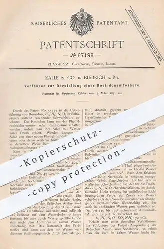 original Patent - Kalle & Co. Biebrich , 1891 , Darstellung einer Rosindonsulfosäure | Rosindon | Säure , Chemie !!