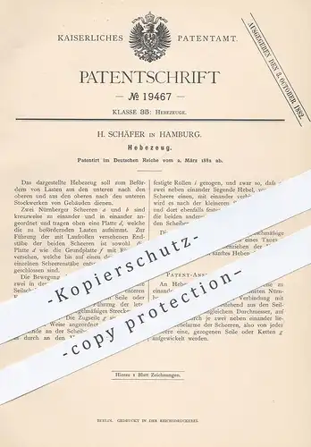 original Patent - H. Schäfer , Hamburg , 1882 , Hebezeug | Hebezeuge , Aufzug , Fahrstuhl | Nürnberger Schere !!