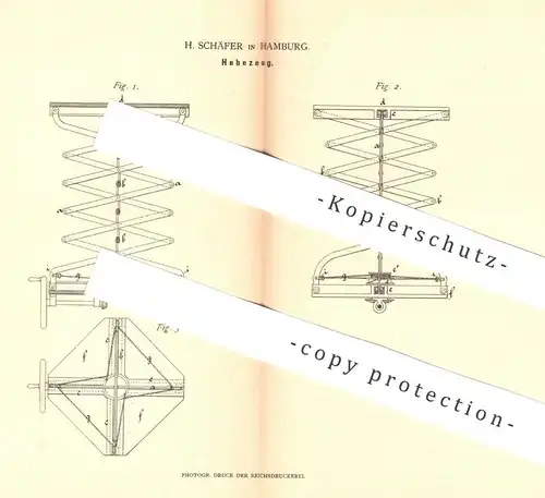 original Patent - H. Schäfer , Hamburg , 1882 , Hebezeug | Hebezeuge , Aufzug , Fahrstuhl | Nürnberger Schere !!