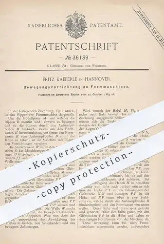 original Patent - Fritz Kaeferle , Hannover , 1885 , Bewegungsvorrichtung an Formmaschine | Form , Formen , Gießerei !!