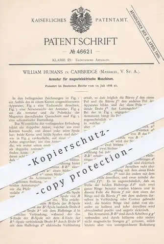original Patent - William Humans , Cambridge , Massachesetts , USA , 1888 , Armatur für magnetelektrische Maschinen !!