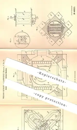 original Patent - William Humans , Cambridge , Massachesetts , USA , 1888 , Armatur für magnetelektrische Maschinen !!